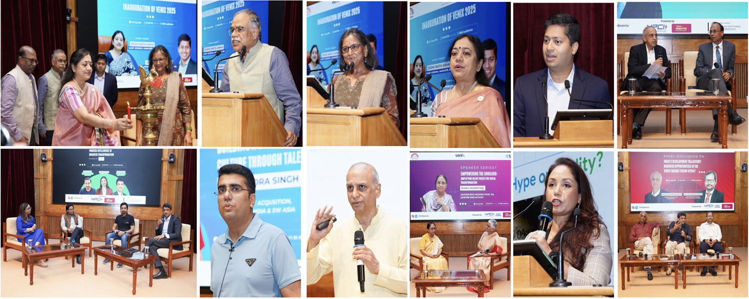 Speakers and participants at VENIX 2025, a business summit organized by the two-year MBA students at IIMB. The summit was hosted on 1st – 3rd August 2025.